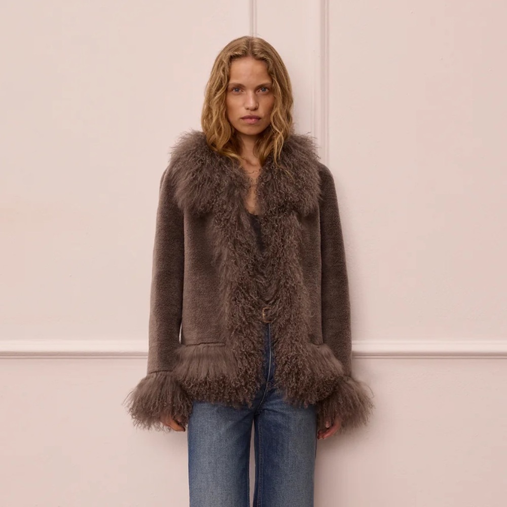 Charlotte Simone Olive- Luxury Minky Grey Coat with Mongolian Fur Trim